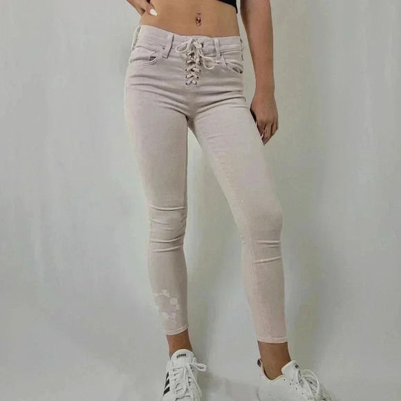 Anthropologie Denim - Anthropologie x McGuire Isabeli Lace Up Pastel Pink Paint Splat Skinny Jeans